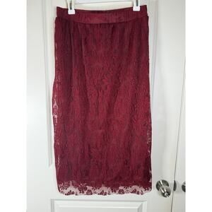 Ember Burgundy Floral Lace Pleated Midi Skirt Sz L Boho Whimsigoth NWT Romantic